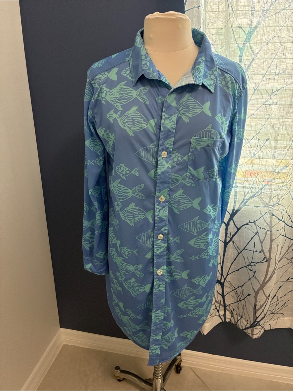 HiHo Blue Fish-Print Long-Sleeve Button Front Beach Cover Up